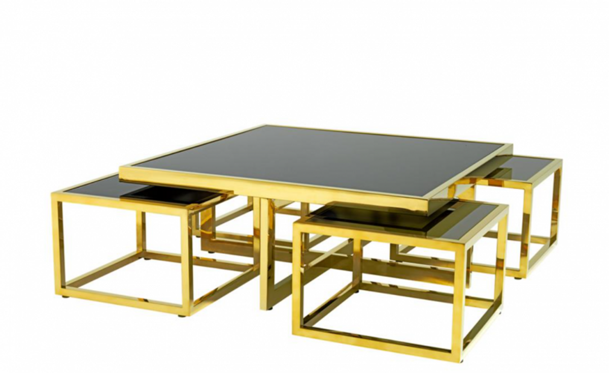 Casa Padrino Luxus Art Deco Designer Couchtisch 5er Set Gold mit schwarzem Glas 100 x 100 x H. 40 cm / 48 x 48 x H. 33 cm