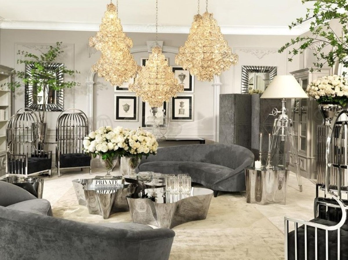 Casa Padrino Luxus Hängeleuchte im Barock Stil, Nickel, Durchmesser 80 cm, Höhe 95 cm
