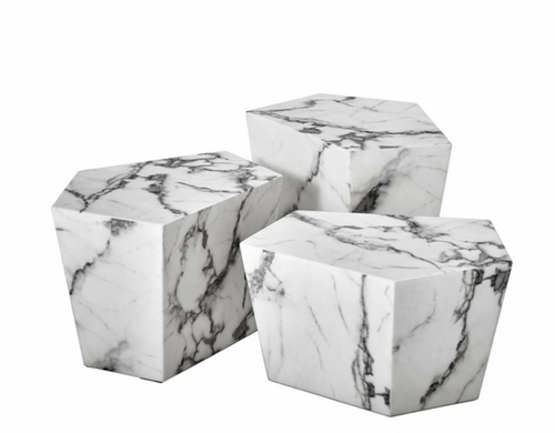 Casa Padrino Art Deco Couchtisch 3er Set in weißem Kunstmarmor - Luxuriöser Wohnzimmertisch 52 x 37,5 x H. 40/35/30 cm