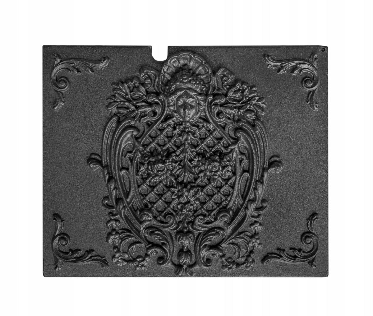 Casa Padrino Gusseisen Kaminplatte Schwarz 48 x 39 cm - Kaminrückwand mit Maskaron-Relief - Feuerplatte - Kamin Zubehör
