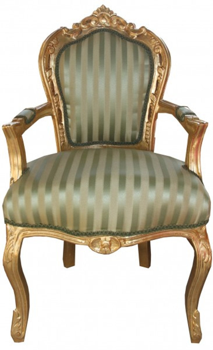 Casa Padrino Barock Esszimmer Stuhl Grün / Creme Streifen / Gold mit Armlehnen - Antik Möbel