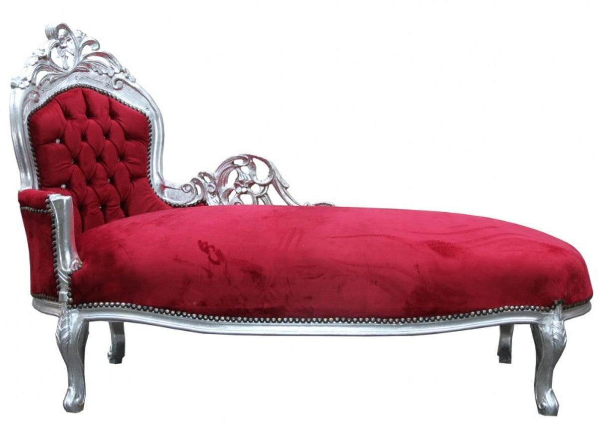 Casa Padrino Barock Chaiselongue King Bordeaux Rot / Silber mit Glitzersteinen 155 x 70 x 100 cm