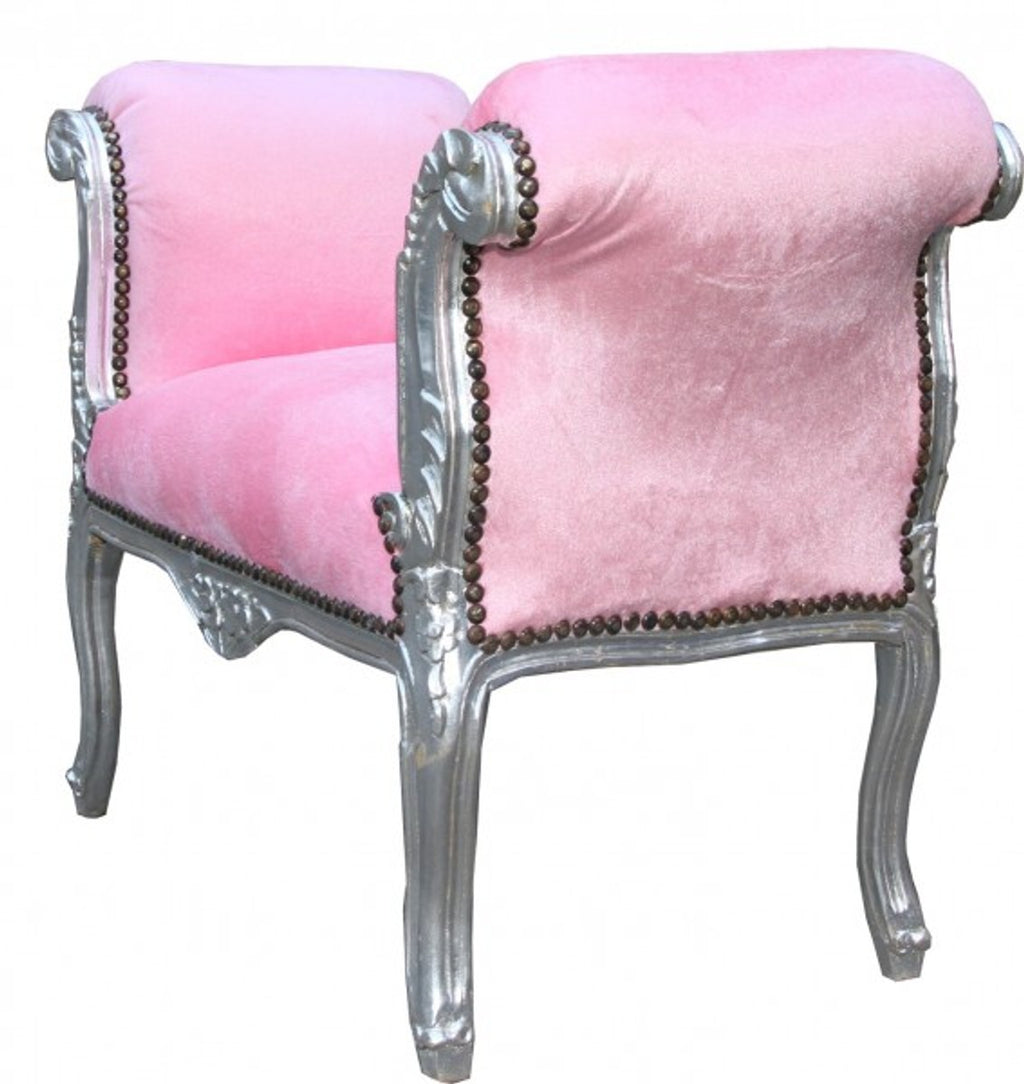 Casa Padrino Barock Schemel Hocker Rosa / Silber - Sitzbank