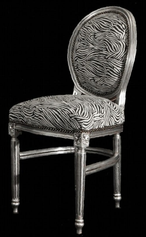 Barock Esszimmer Stuhl Zebra / Silber Rund