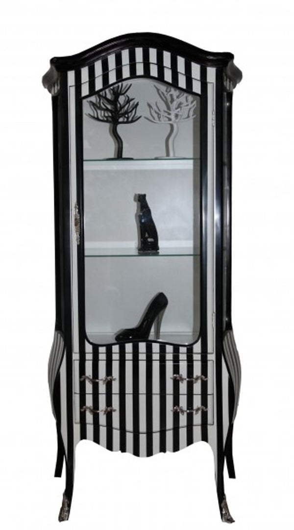 Casa Padrino Barock Vitrine im Streifendesign Schwarz/Weiß - Vitrinenschrank aus Holz und Glas - 73 x 36 x 176 cm
