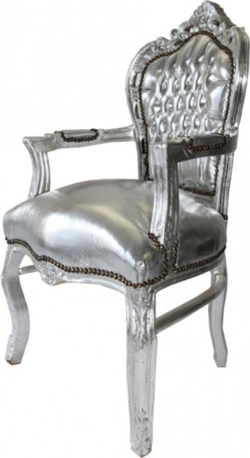 Barock Esszimmerstuhl Silber / Silber mit Armlehne Stuhl Möbel Antik Stil