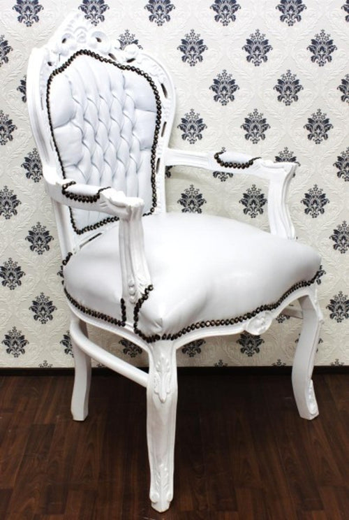 Barock Esszimmer Stuhl mit Armlehnen Weiß / Weiß