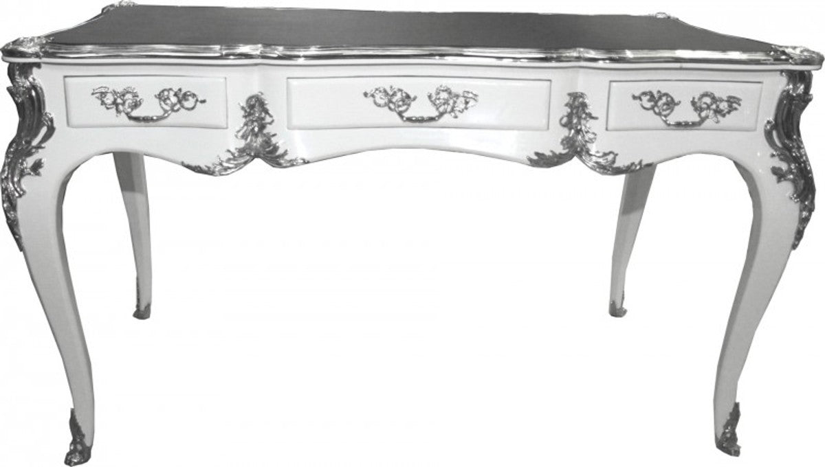 Casa Padrino Luxus Barock Schreibtisch Sekretär in Weiß Hochglanz mit Silber Applikationen 140 x 77 x 81 cm