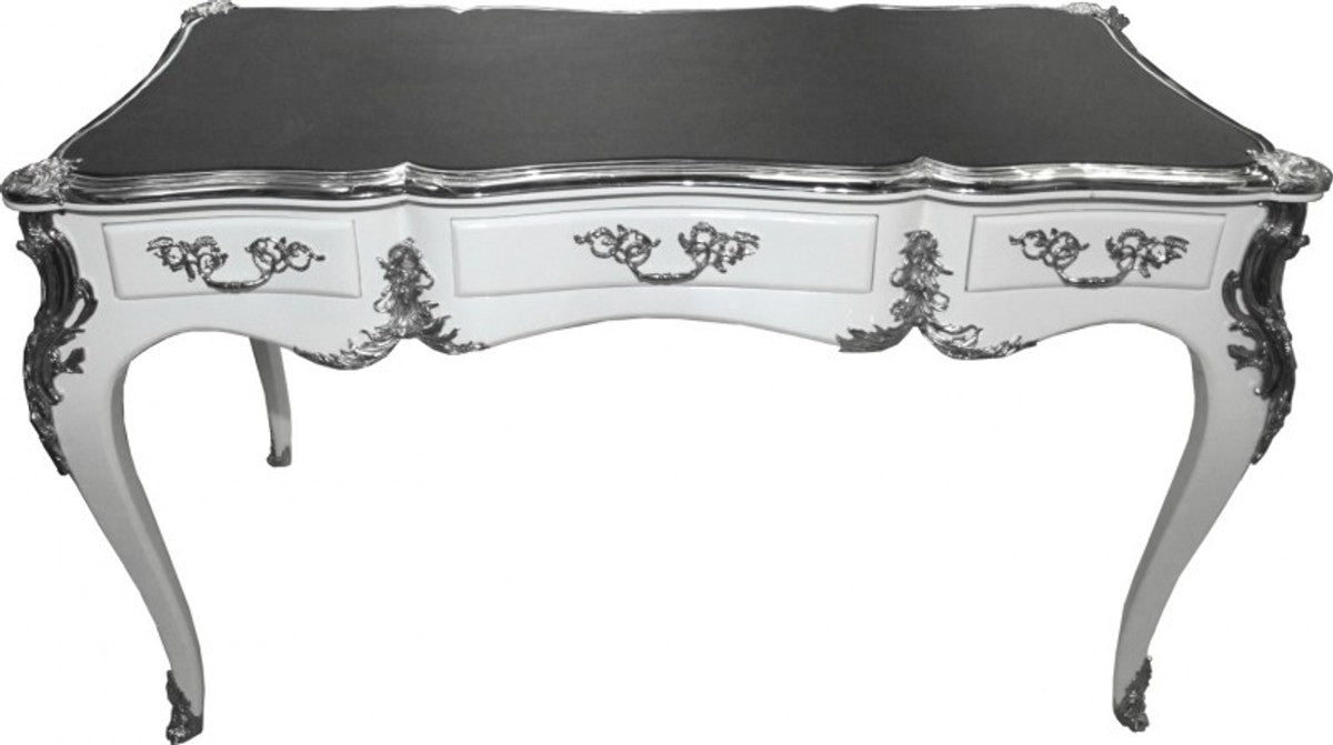 Casa Padrino Luxus Barock Schreibtisch Sekretär in Weiß Hochglanz mit Silber Applikationen 140 x 77 x 81 cm