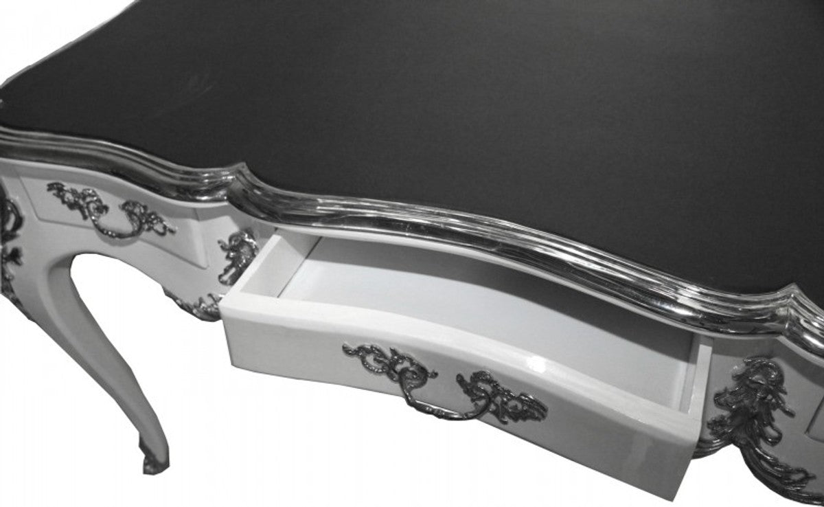 Casa Padrino Luxus Barock Schreibtisch Sekretär in Weiß Hochglanz mit Silber Applikationen 140 x 77 x 81 cm