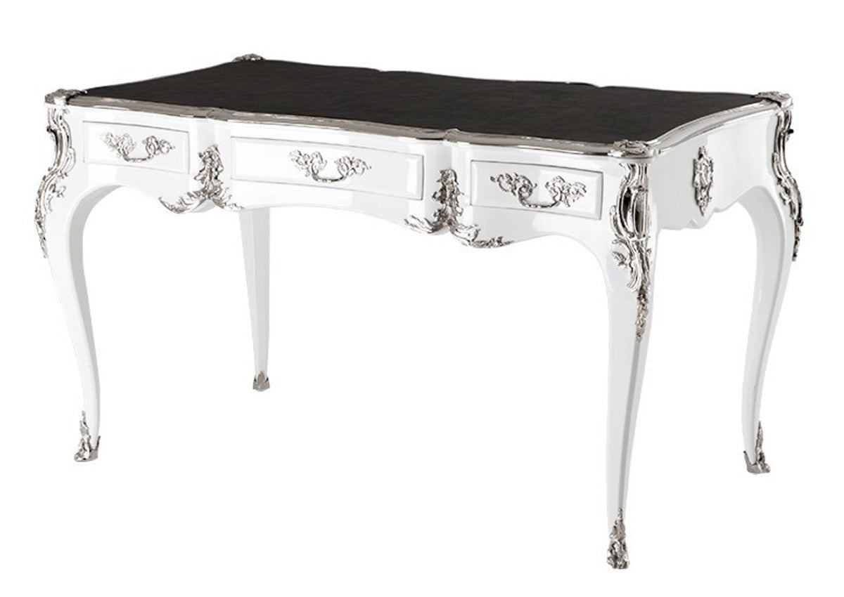 Casa Padrino Luxus Barock Schreibtisch in Weiß Hochglanz mit Silber Applikationen und Lederoptik Auflage, 140 x 80 x 81 cm