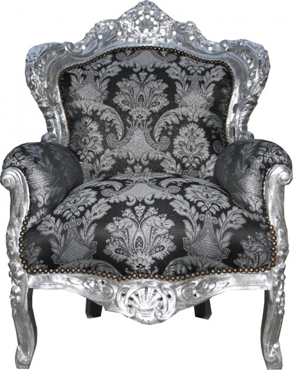 Casa Padrino Barock Sessel King in Schwarz mit Muster und Silber - Handgefertigtes Luxusmöbel 120 x 85 x 85 cm