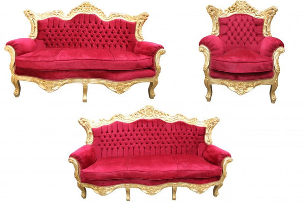 Casa Padrino Barock Wohnzimmer Set Bordeaux / Gold - 3er Sofa, 2er Sofa und 1 Sessel - 210/182/85 cm