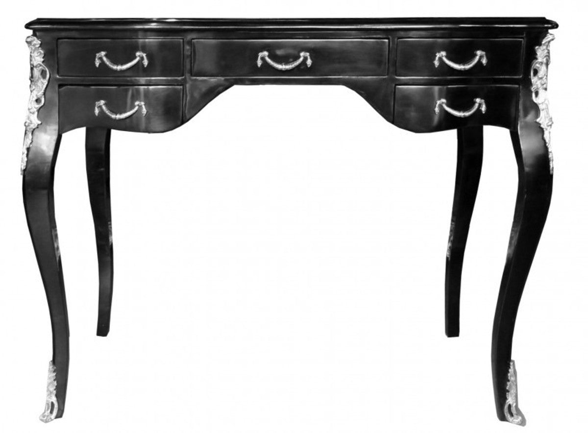 Casa Padrino Luxus Barock Schreibtisch in Schwarz Hochglanz und Silber, 100 x 58 x 80 cm, handgefertigter Sekretär