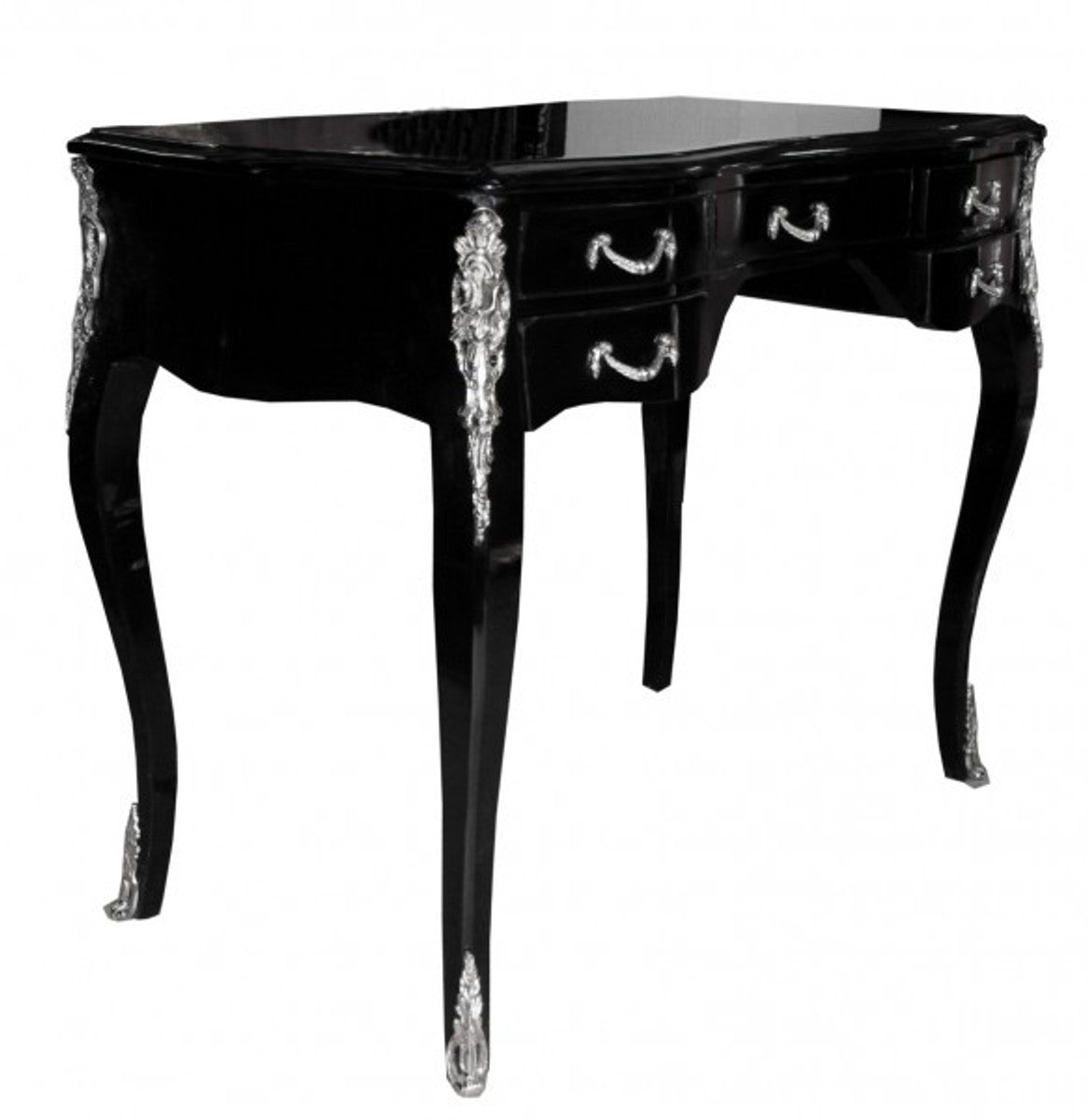 Casa Padrino Luxus Barock Schreibtisch in Schwarz Hochglanz und Silber, 100 x 58 x 80 cm, handgefertigter Sekretär