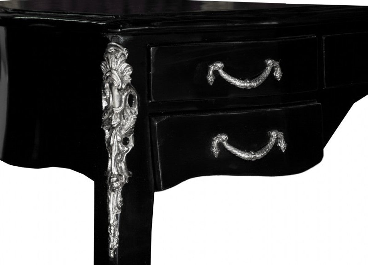 Casa Padrino Luxus Barock Schreibtisch in Schwarz Hochglanz und Silber, 100 x 58 x 80 cm, handgefertigter Sekretär