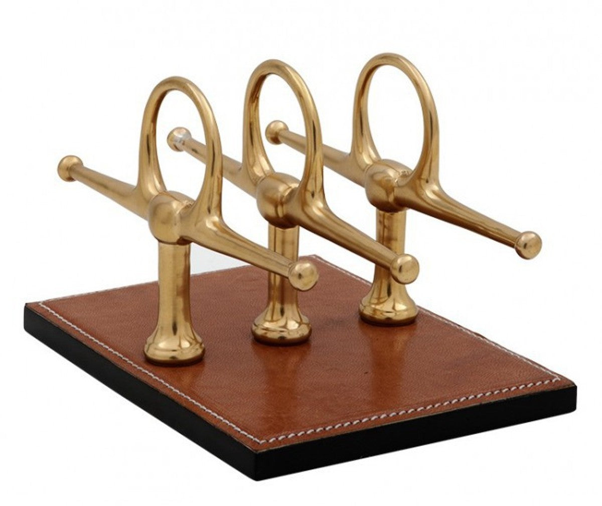 Casa Padrino Luxus Briefständer aus Echtleder in Braun und Messing, 4 x 8 cm x H12 cm - Hochwertiges Büro Accessoire