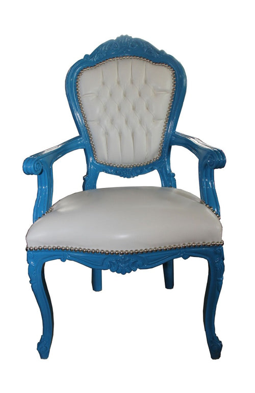 Barock Esszimmerstuhl Blau / Weiß Lederoptik mit Armlehnen