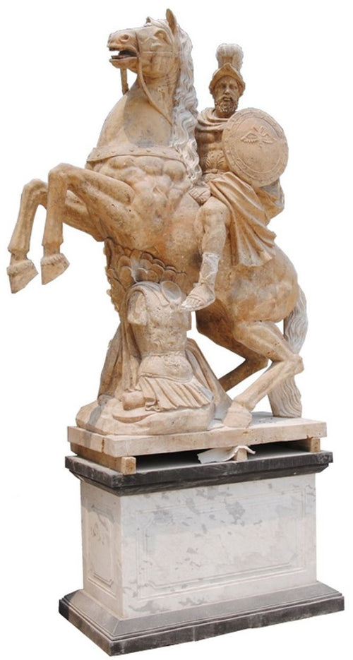 Casa Padrino Antik Stil Marmor Skulptur römischer Soldat auf Pferd mit Sockel H. 290 cm