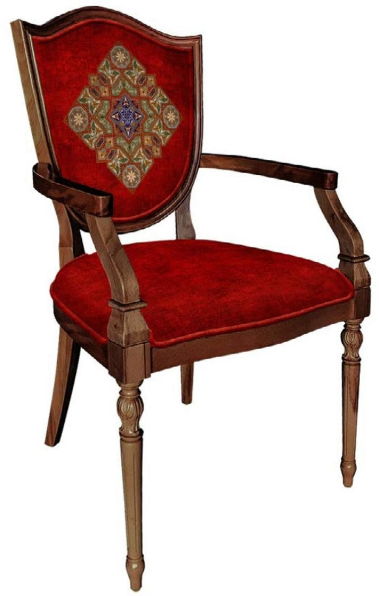 Casa Padrino Art Deco Esszimmerstuhl Bordeauxrot / Mehrfarbig / Braun - Massivholz Stuhl mit Armlehnen und elegantem Muster - Art Deco Esszimmer Möbel