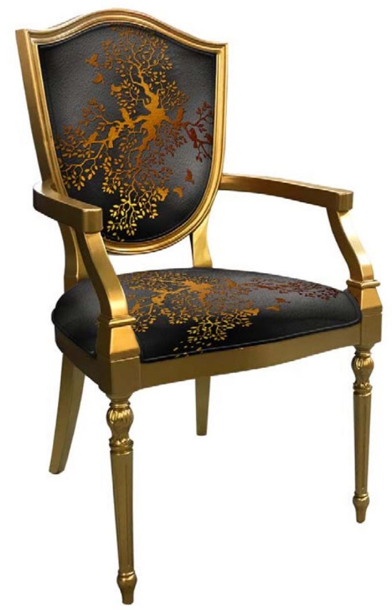 Casa Padrino Art Deco Esszimmerstuhl Grau / Gold - Massivholz Stuhl mit Armlehnen und elegantem Muster - Art Deco Esszimmer Möbel