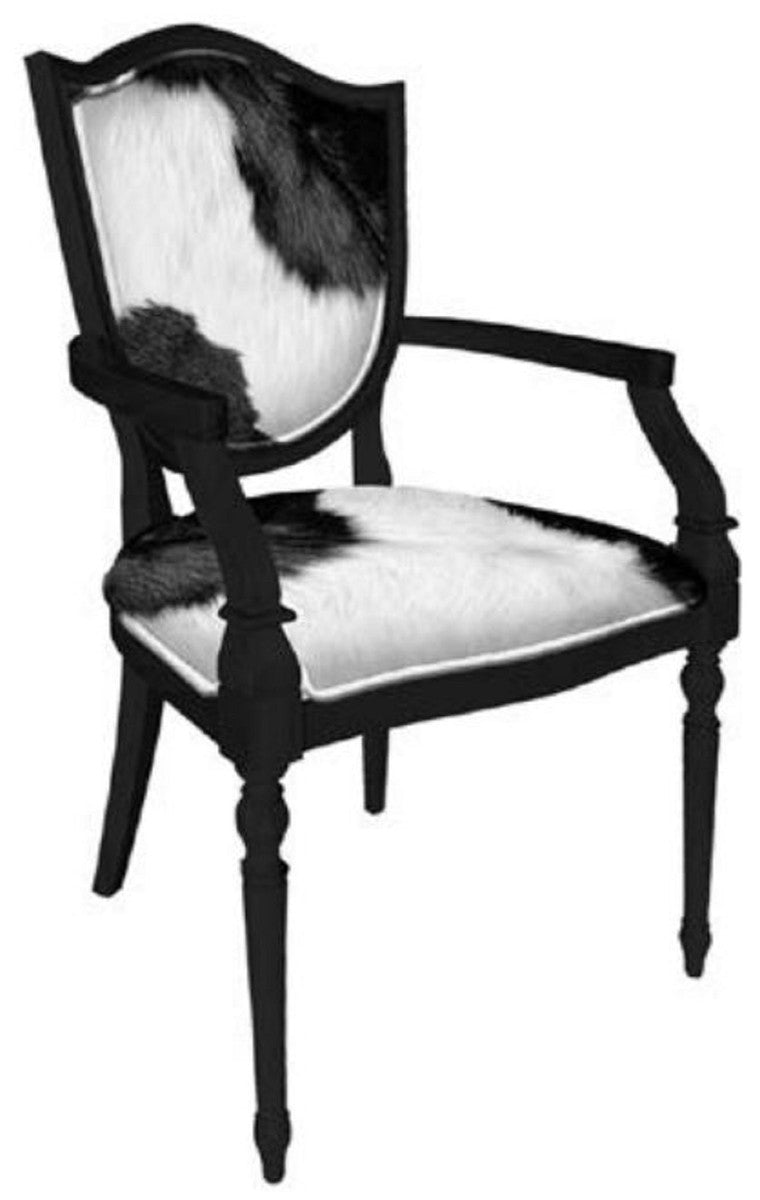 Casa Padrino Art Deco Esszimmerstuhl Weiß / Schwarz - Massivholz Stuhl mit Armlehnen - Art Deco Esszimmer Möbel