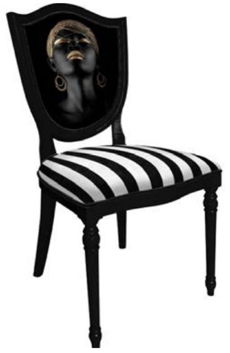 Casa Padrino Art Deco Esszimmerstuhl Set Weiß / Mehrfarbig / Schwarz - 6 Handgefertigte Art Deco Küchen Stühle mit Streifen und Design - Art Deco Esszimmer Möbel