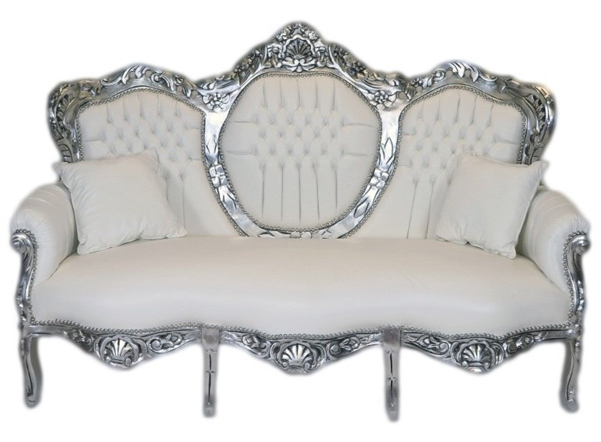 Casa Padrino Barock 3er Sofa King Weiß Lederoptik / Silber - Massivholz Luxus Couch 180 x 120 x 70 cm