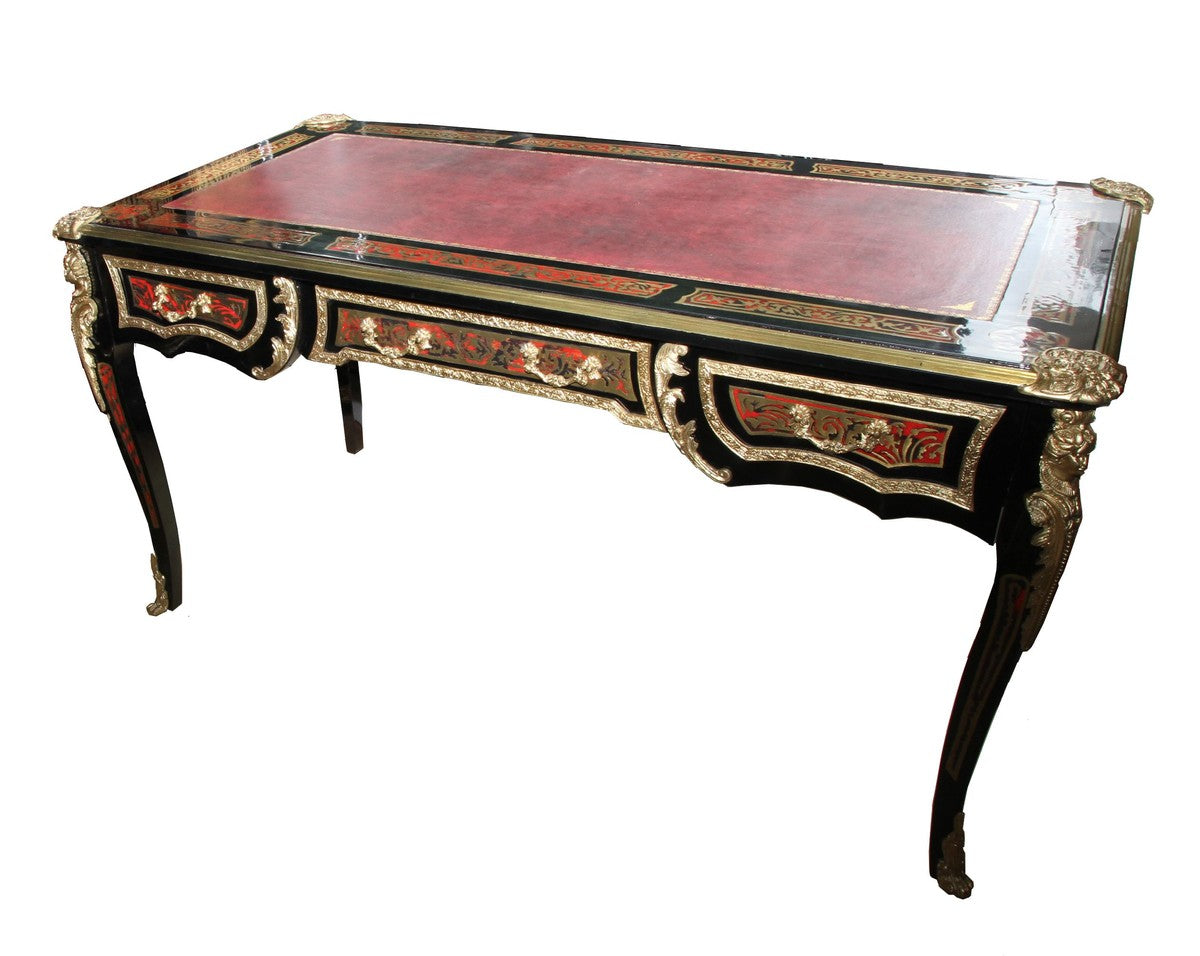 Casa Padrino Barock Boulle Schreibtisch Schwarz / Gold / Rot - 161 cm x 83 cm x H 82 cm