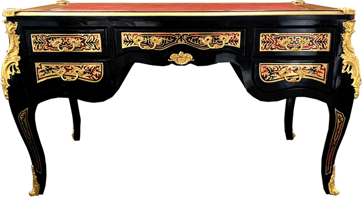 Casa Padrino Barock Boulle Sekretär im französischen Stil Schwarz / Gold 140 cm -  Handgefertigter Antik Stil Schreibtisch - Barock Büro Möbel