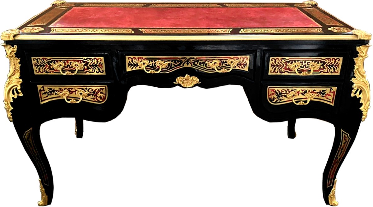Casa Padrino Barock Boulle Sekretär im französischen Stil Schwarz / Gold 140 cm -  Handgefertigter Antik Stil Schreibtisch - Barock Büro Möbel
