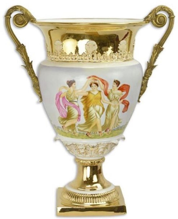 Casa Padrino Barock Deko Vase Weiß / Mehrfarbig / Gold 46,4 x 32 x H. 56,7 cm - Prunkvolle Porzellan Blumenvase mit 2 Bronze Griffen - Deko Accessoires im Barockstil