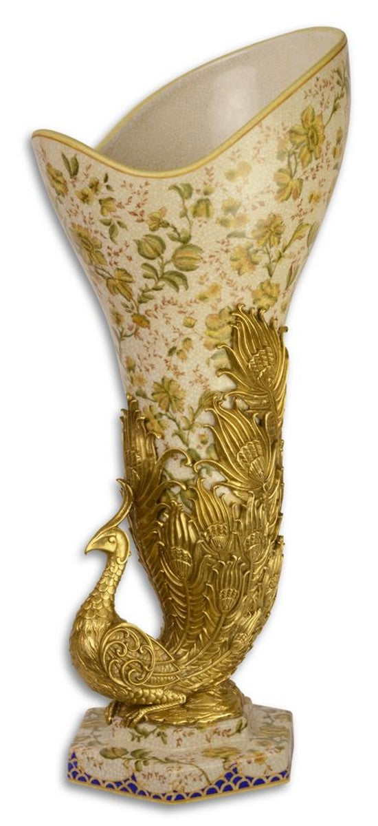 Casa Padrino Art Nouveau Vase en Peacock Design Multicolore / Or 22 x 23,6 x H. 55,9 cm - Baroque & Art Nouveau Déco