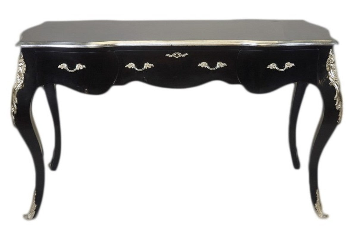 Casa Padrino Luxus Barock Sekretär Schwarz / Silber 150 cm - Schreibtisch Massivholz mit Metallapplikationen
