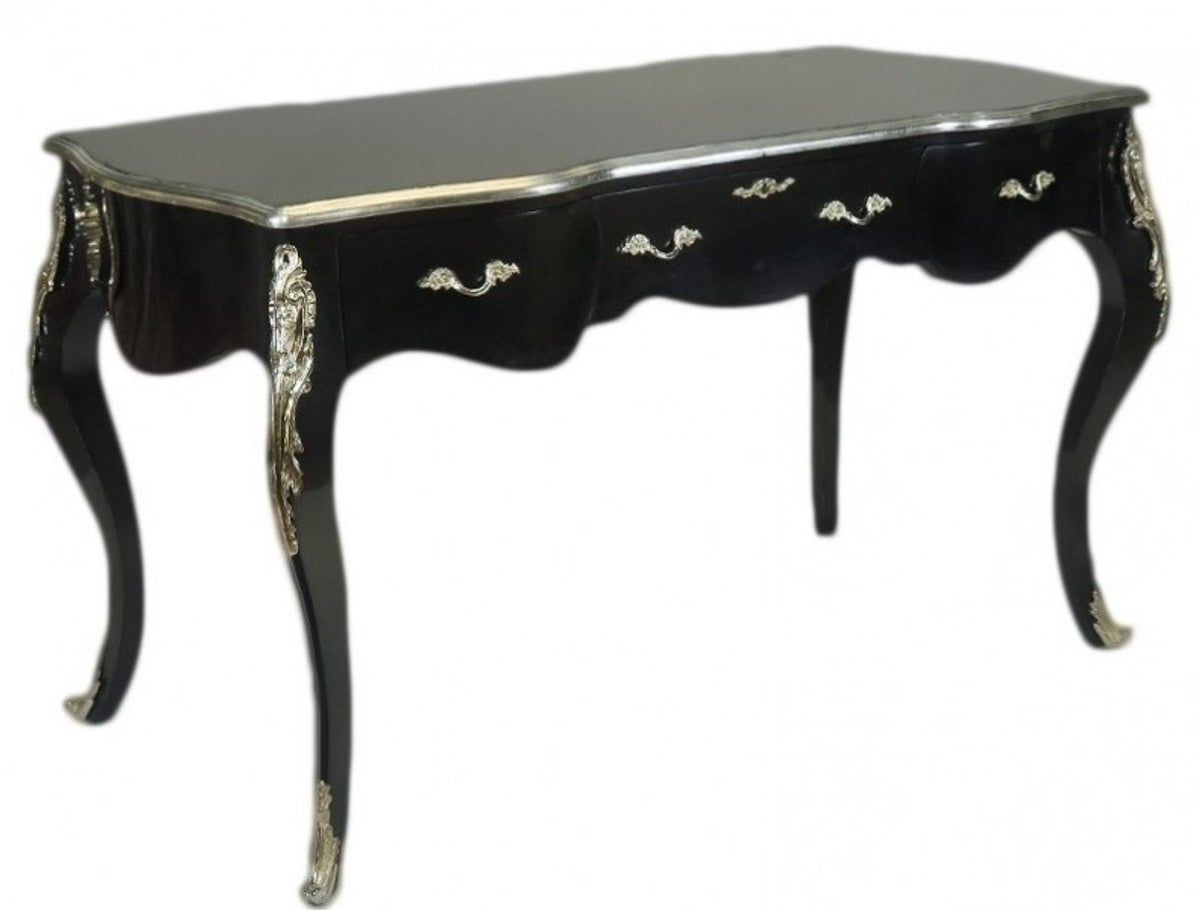 Casa Padrino Luxus Barock Sekretär Schwarz / Silber 150 cm - Schreibtisch Massivholz mit Metallapplikationen