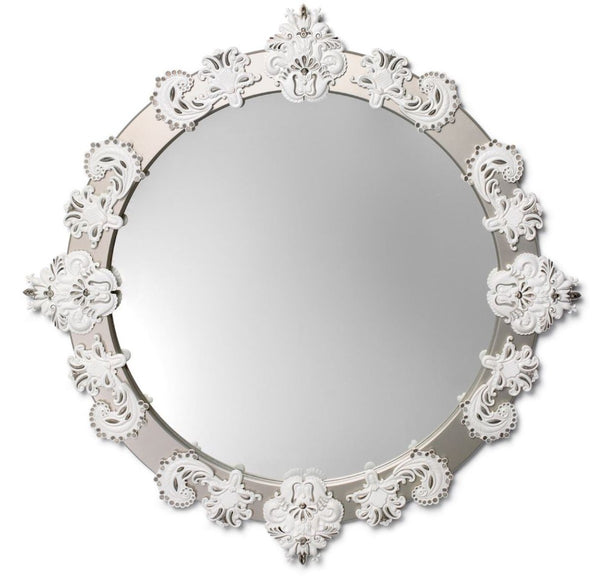 Casa Padrino Miroir Mural Design Argent et Blanc, Ø 124 cm, Miroir de Luxe avec Décoration en Porcelaine Espagnole Faite Main