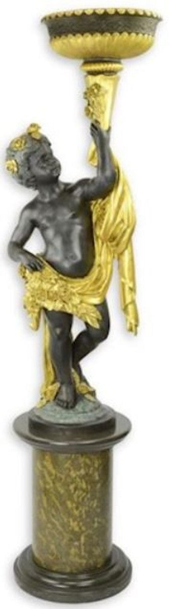 Casa Padrino statua barocco con vaso di fiori mano sinistra e piedistallo bronzo / grigio / oro A. 201 cm - Magnifico scultura in bronzo - Figura decò in stile barocco - Accessori di decorazione barocco