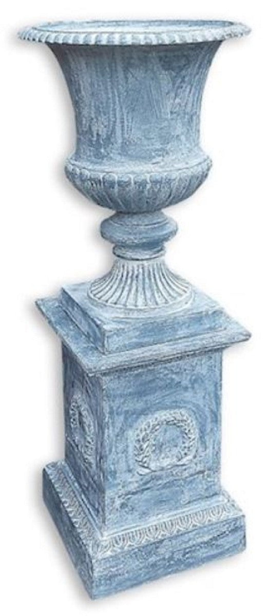 Casa Padrino vaso barocco con colonna blu A. 138 cm - Magnifico vaso di fiori in ghisa con piedistallo - Decoro da giardino e terrazza barocco - Accessori decorativi barocchi