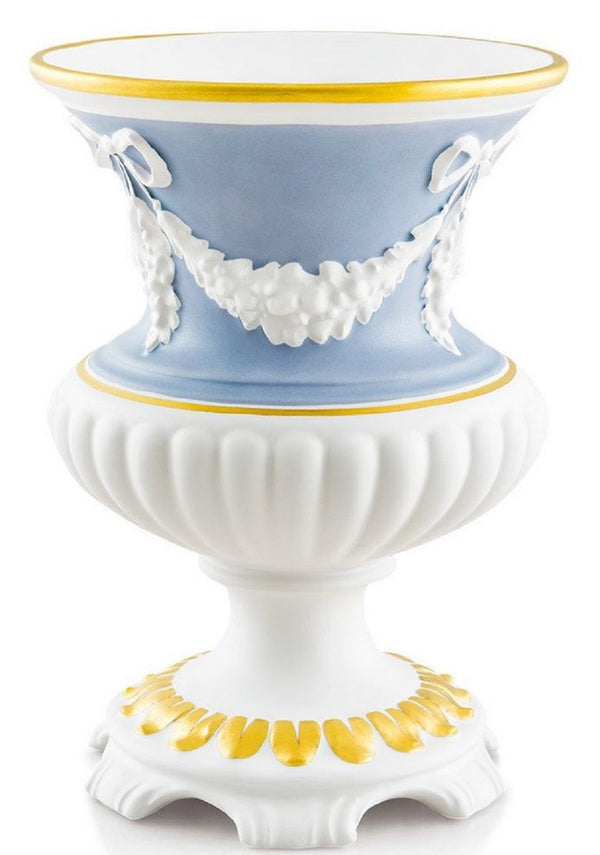 Casa Padrino Barock Vase Weiß / Hellblau / Gold Ø 21 x H. 29 cm - Runde Barock Keramik Blumenvase - Deko im Barocktil