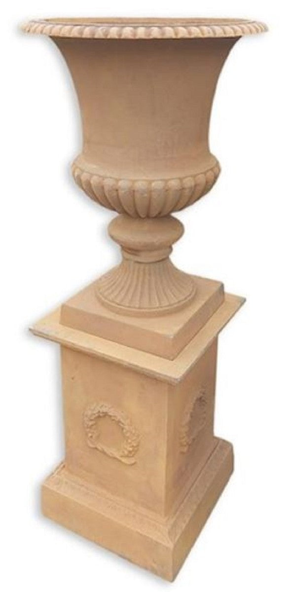 Casa Padrino vaso barocco con colonna beige A. 138 cm - Magnifico vaso di fiori in ghisa con piedistallo - Decoro da giardino e terrazza barocco - Accessori decorativi barocchi