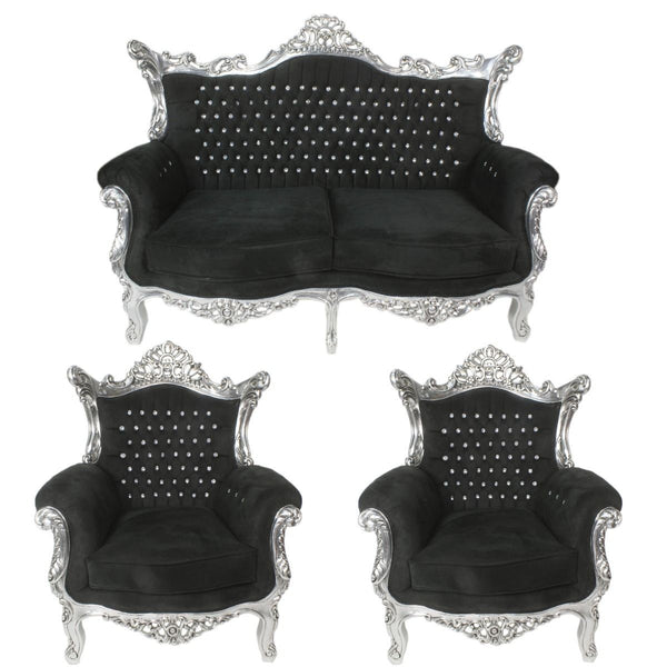 Casa Padrino Barock Wohnzimmer Set Schwarz / Silber mit Bling Bling Glitzersteinen - 2er Sofa + 2 Sessel - Barock Möbel