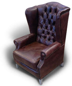 Casa Padrino Luxus Chesterfield Leder Ohrensessel Braun / Grau - Chesterfield Echtleder Wohnzimmer Sessel - Wohnzimmer Möbel - Chesterfield Möbel - Echtleder Möbel - Luxus Möbel