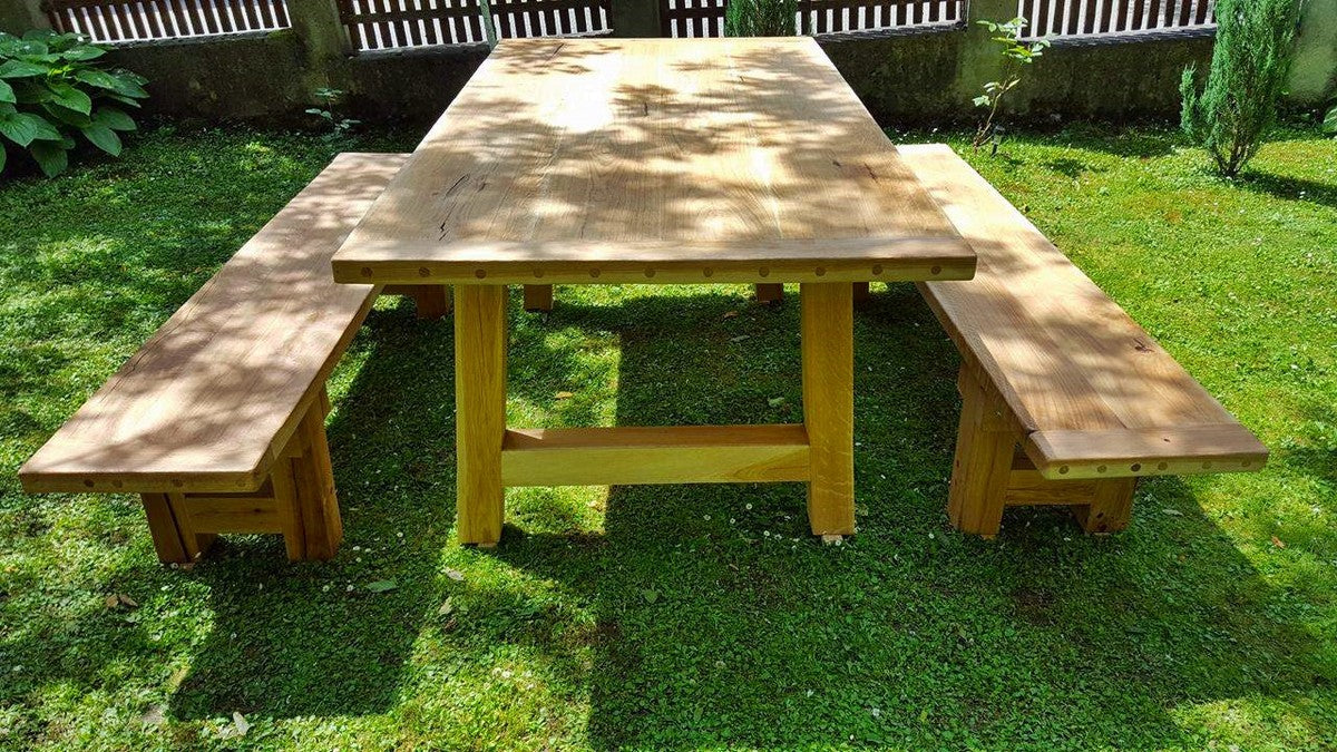 Casa Padrino Gartenmöbel Set Rustikal mit geradem Gestell - Tisch + 2 Garten Bänke (Länge: 200 cm) - Eiche Massivholz