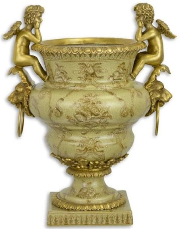Casa Padrino vaso da fiori Art Nouveau verde / oro 27 x 19,8 x A. 33,8 cm - Vaso per piante in porcellana con figure di angelo in bronzo e manici a testa di leone - Accessori Decorativi