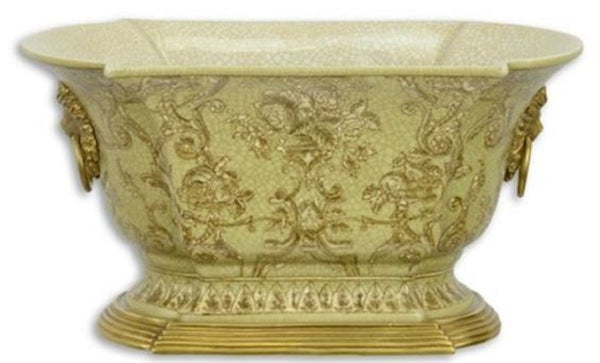 Casa Padrino vaso da fiori Art Nouveau verde / oro 26,9 x 16,7 x A. 14,1 cm - Vaso per piante in porcellana con manici in bronzo a forma di testa di leone - Accessori Decorativi