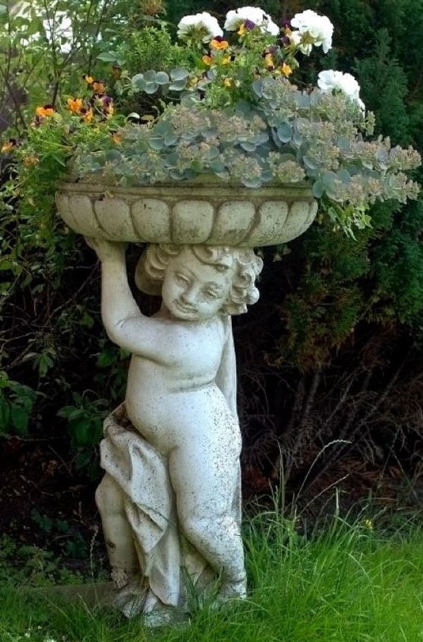 Casa Padrino Vaso da Fiori Art Nouveau con Scultura Grigio Antico Ø 50 x H. 86 cm - Decorazione da Giardino