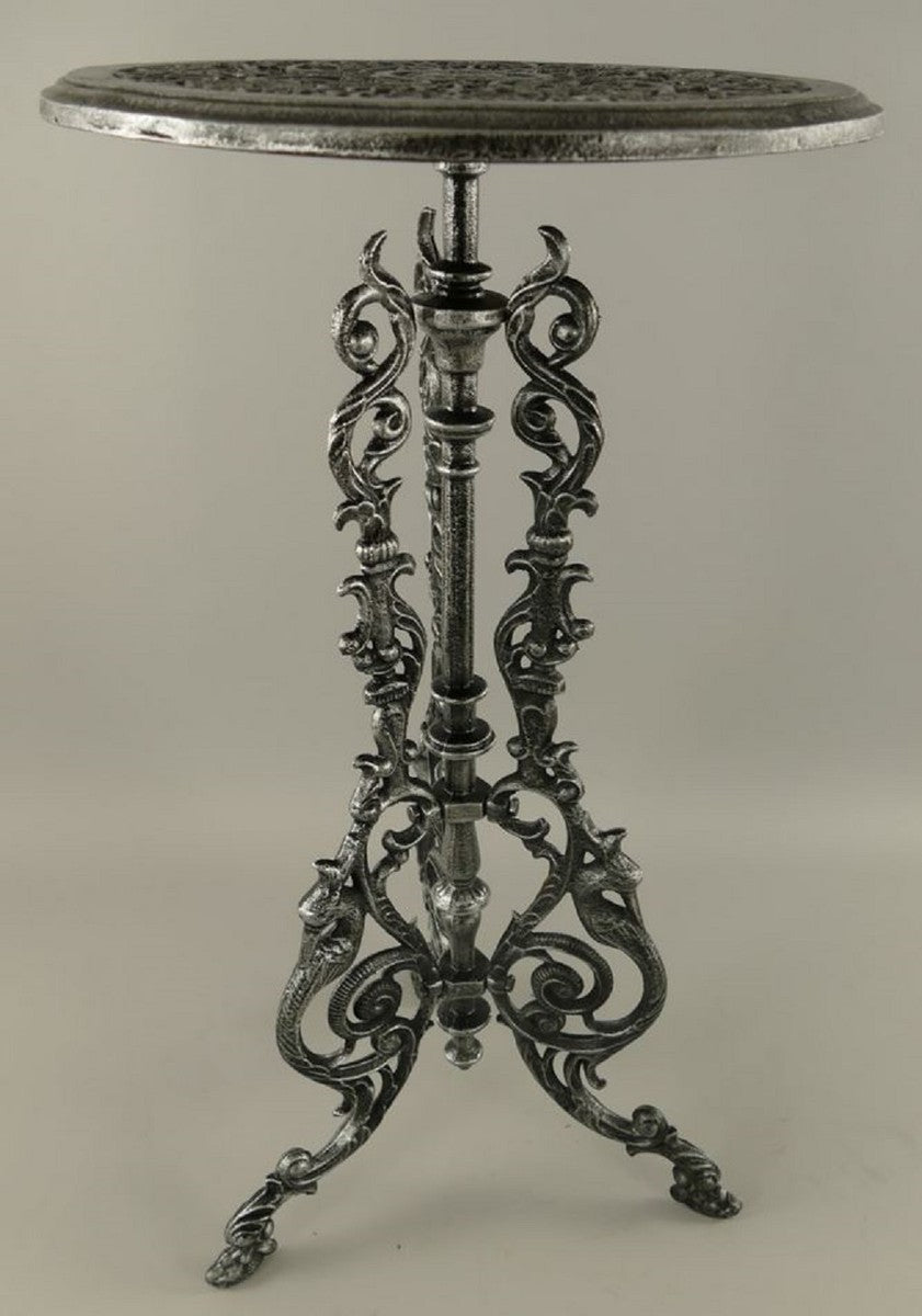 Casa Padrino Jugendstil Garten Beistelltisch Antik Grau / Schwarz Ø 36 x H. 70 cm - Runder Garten Metall Tisch - Runder Blumentisch - Barock & Jugendstil Garten Möbel