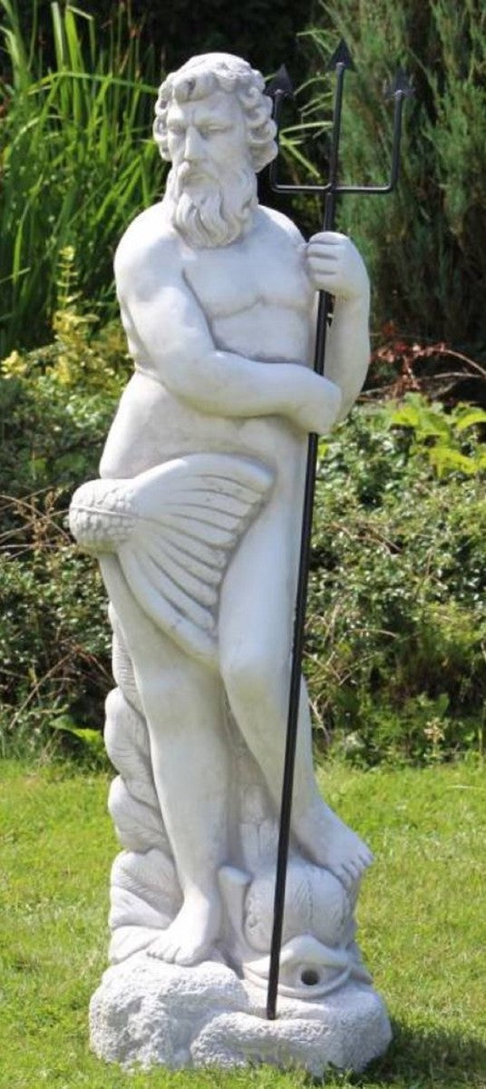 Casa Padrino scultura gargoyle Art Nouveau nettuno con pesce grigio / nero 35 x 35 x A. 123 cm - Elegante figura in pietra gargoyle - Accessori per Decorazione del Giardino Barocco e Art Nouveau