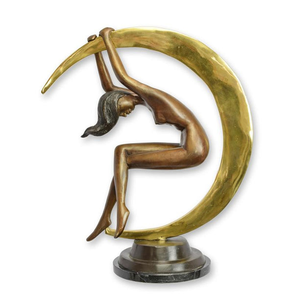 Casa Padrino Escultura de Bronce Art Déco Bailarina en la Media Luna Bronce / Oro / Negro 23 x 48,7 x H. 56,4 cm - Escultura de Bronce con Base de Mármol - Decoración Barroca & Art Déco