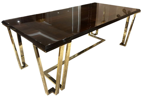 Casa Padrino table de salle à manger Art Déco de luxe brun foncé / or 220 x 110 x H. 77 cm - Table de salle à manger noble avec plaque de verre - Mobilier de salle à manger Art Déco